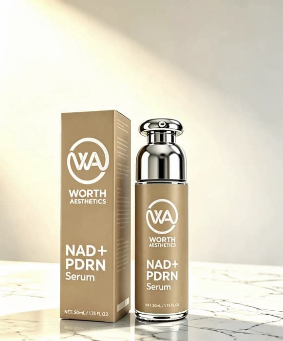 Worth Aesthetics NAD+ PDRN Serum with its carton on marble